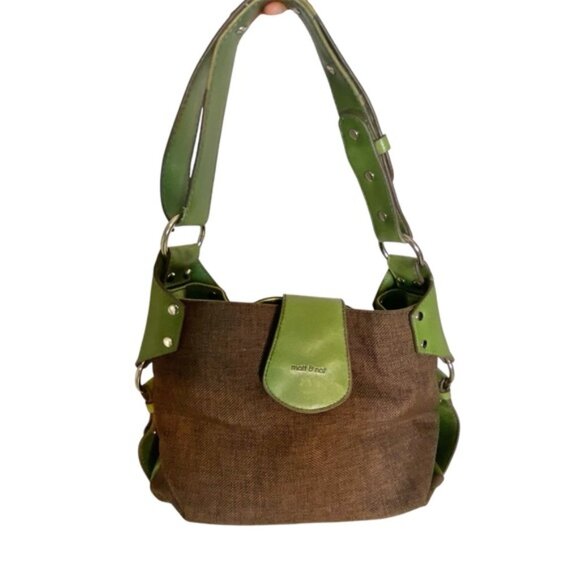 MATT  & NAT Vegan Brown Green Shoulder Bag Canvas Faux Leather - Picture 2 of 16